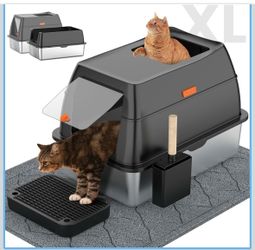 Stainless Steel Litter Box with Lid, Front Entry Top Exit Kitty LitterBox, Extra Large Enclosed Metal Cat Box with Litter Scoop & Litter Mat-Black