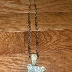 Gold Chain With Iced Out Bear Pendant 