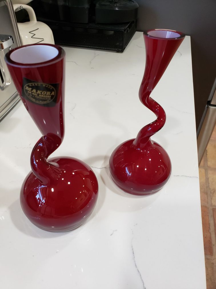 2 Glass Garnet Red Candle Holders