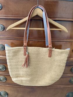 Woven Tote Bag With Tan Vegan Leather Straps