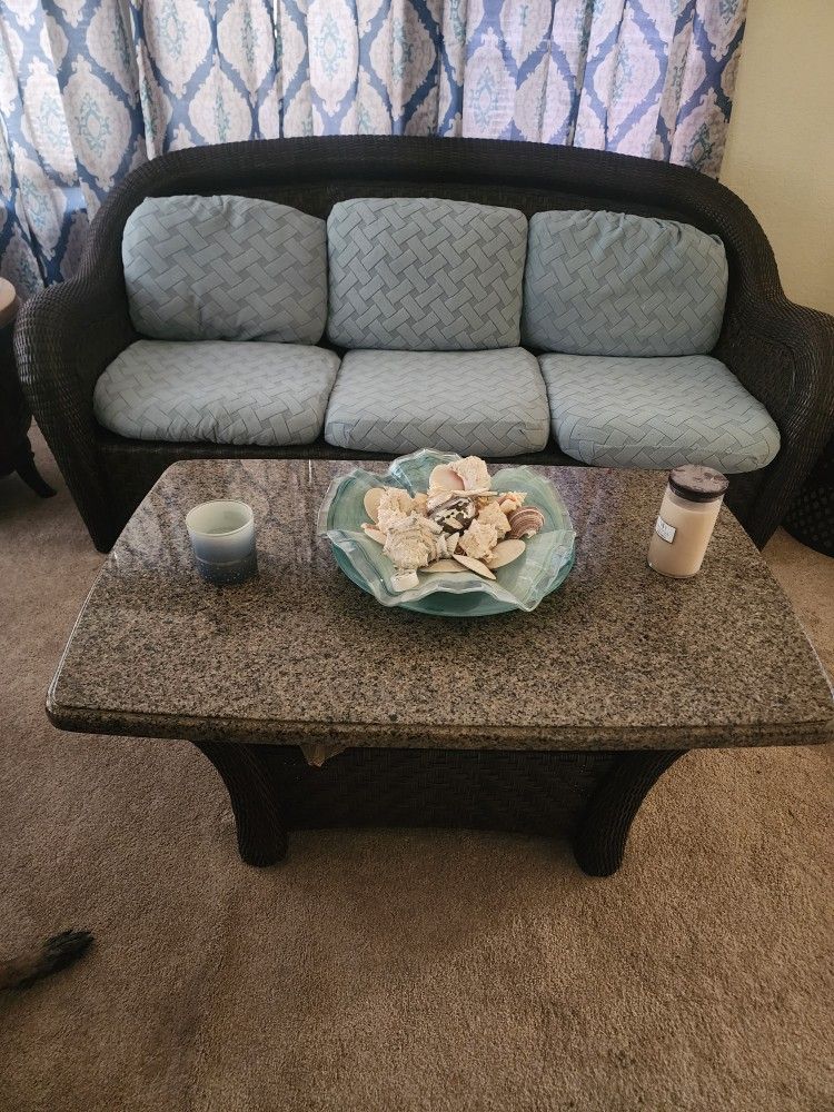 High End Wicker Sofa And Marble Top Wicker Coffee Table Set