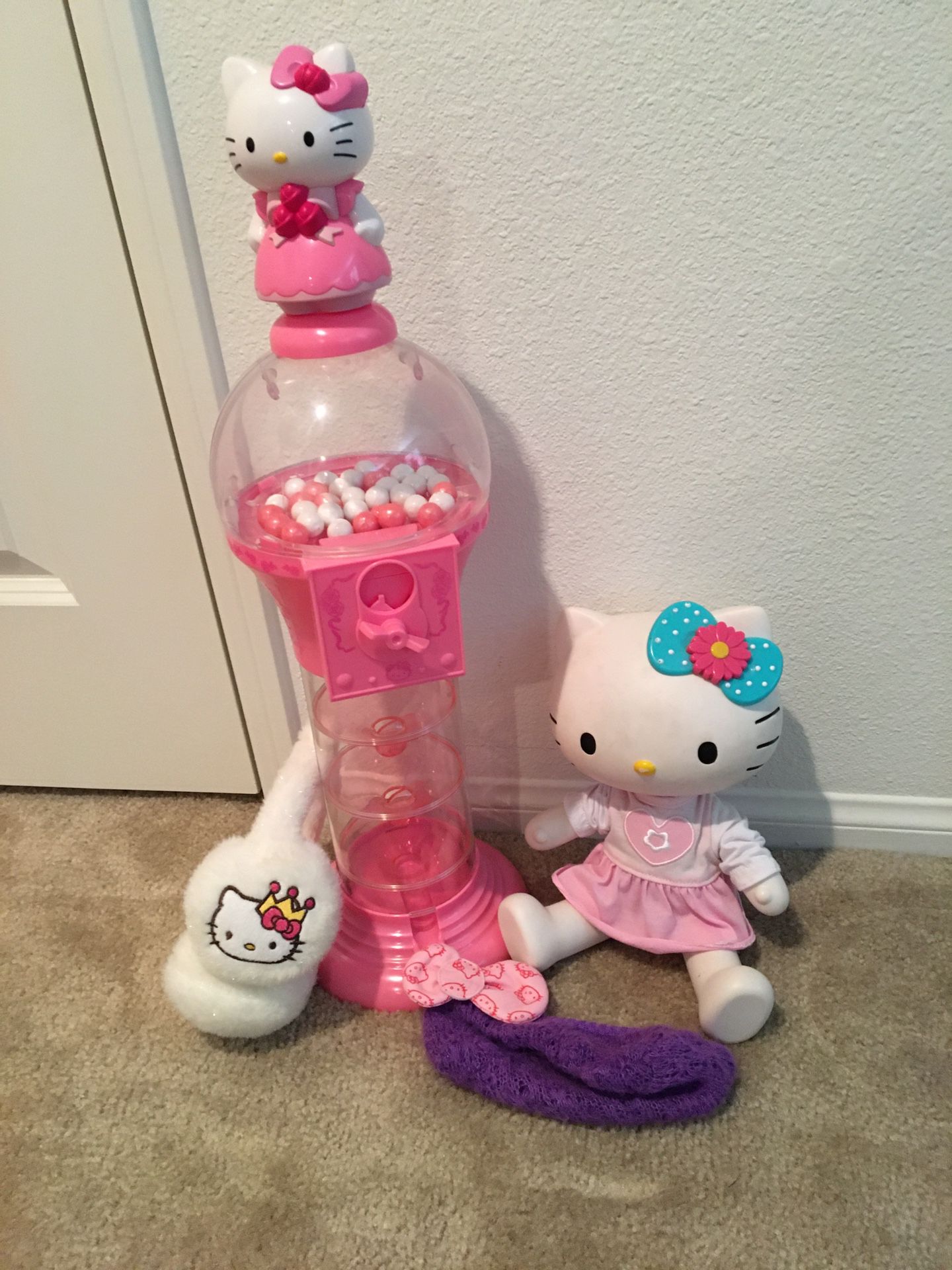 Hello Kitty Gum-ball machine, doll, beanie and ear muffs