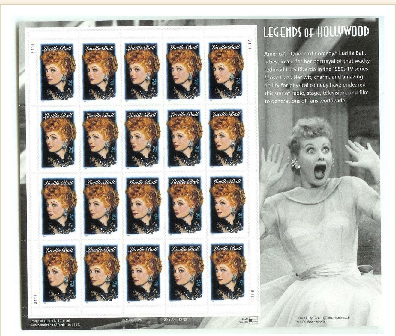 Collectable Stamps, Legends of Hollywood Lucille Ball Mint Sheet Self-Adhesive