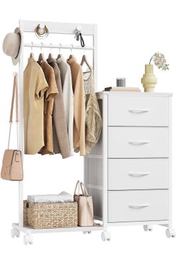 Dresser with Hanging Rack,4 Drawers Clothes Rack for Bedroom Small Closet,Lockable Casters for easy movement,Fabric Dressers & Chest of Drawers,Entryw