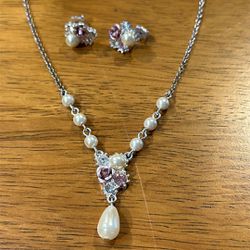 Pearl And Rhinestone Necklace And Earring