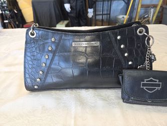 Harley-Davidson black leather crossbody purse featuring a crocodile skin print, silver stud embellishments,