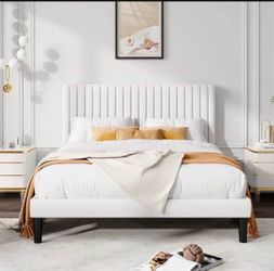 Queen Size Velvet Upholstered Platform Bed Frame with Adjustable Vertical Channel Tufted Headboard, White