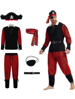 6Pcs Men XL Pirate Costume Adult Set, Pirate Outfit Men with Shirt Pants Hat for Halloween Cosplay
