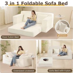 Convertible Sofa Bed, 3 in 1 Loveseat Folding Couch Bed Foldable - Chaise Lounge Chair & Floor Futon Sleeper, Corduroy Pull Out Sofa Bed with 4 Pillow