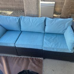 2 3-seat Patio Wicker Couch, Outdoor Brown Rattan Sofa With Washable Turquoise Cushions