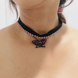 Gothic Sparkly Choker With Black Butterfly Pendant For Halloween Costume Jewelry For Women