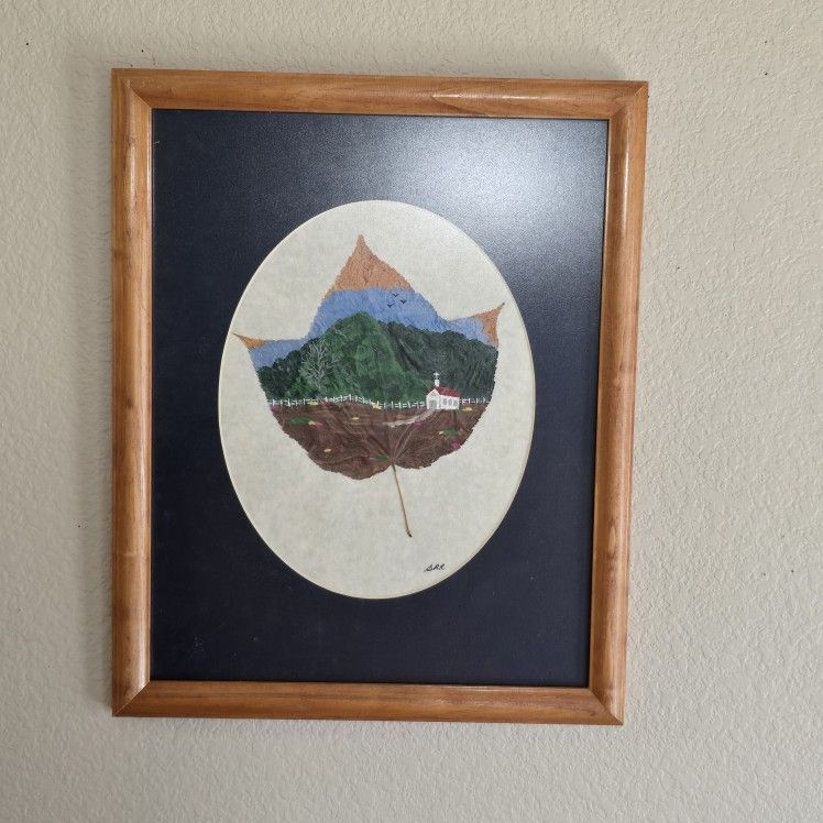 Original Painting On Maple Leaf  Church Nature Hand Painted Matted And Framed Painted by B.R.R.,