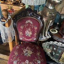 Needlepoint Antique Parlor Chair And Foot Stool 