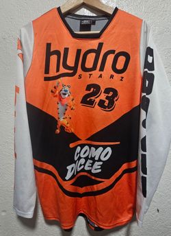 Motocross racing jersey featuring a cartoon tiger graphic and "hydro starz" branding.
PRE-OWNED 
No rips or stains 
EXCELLENT CONDITION 
NO RIPS OR ST