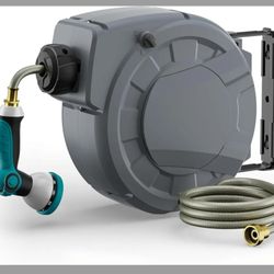 Retractable Garden Hose Reel 5/16 Inch x 33ft,Wall Mounted Hose Reel with 3/4 Inch Brass Fittings 10 Pattern Nozzle, Auto Rewind System, Any Length Lo