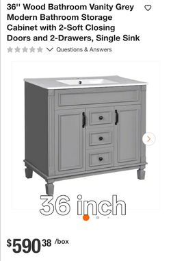 36'' Wood Bathroom Vanity Grey Modern Bathroom Storage Cabinet with 2-Soft Closing Doors and 2-Drawers, Single Sink
