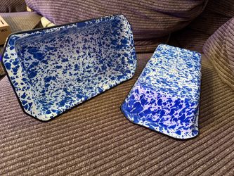 Brand New Vintage CGS Blue White Splatter Enamelware Bread Baking Pans Set of 2