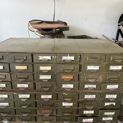 Vintage American Industrial Olive Green Enameled Pressed And Folded Sheet Steel Multi-Drawer