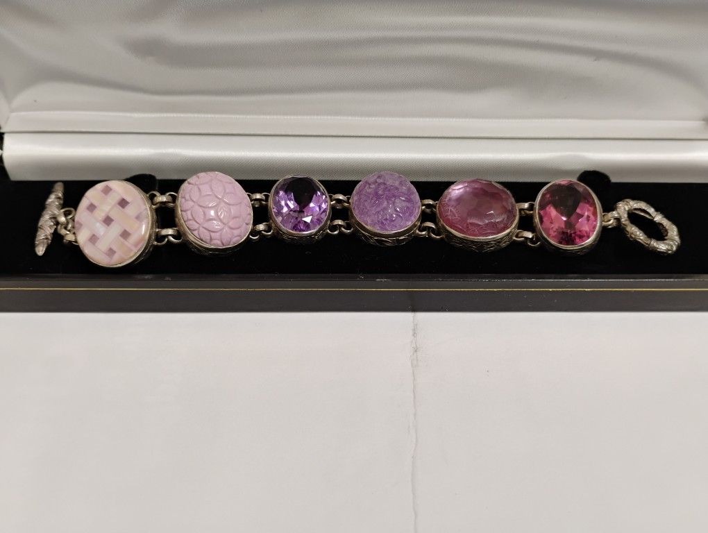 Stephen Dweck Sterling Silver Amethysts and Multistone Bracelet