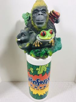 Vintage Rainforest Cafe Beverage Topper Plastic Cup & Straw
