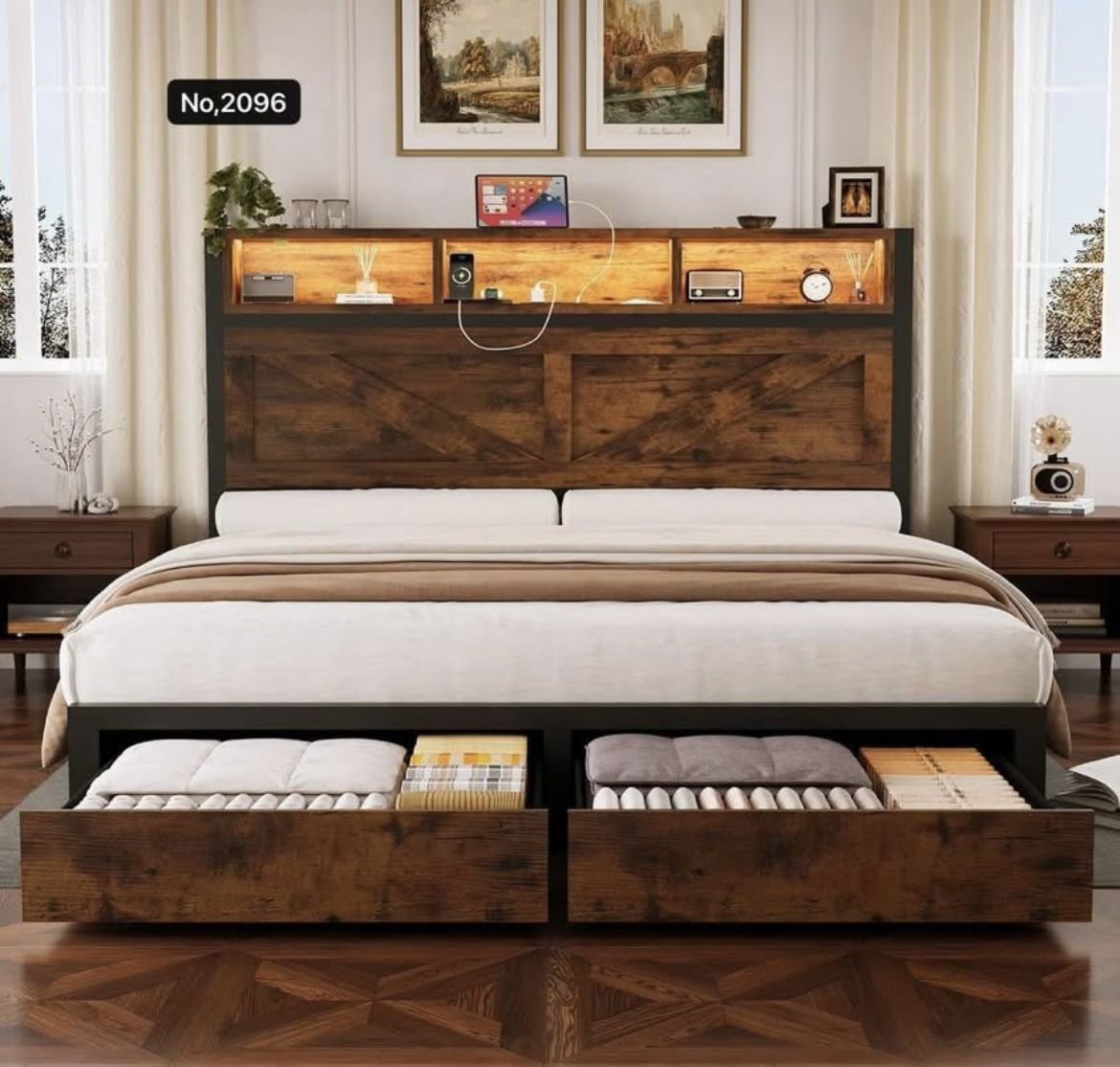 Full Bed Frame with Bookcase Storage Headboard, Charging Station, LED Light and 2 Storage Drawers, Brown
