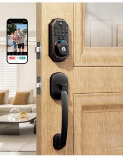 Keyless Entry Deadbolt with Handle Set - WiFi Smart Lock with Camera, 5-in-1 Camera+Doorbell+Fingerprint+Keypad, App Control, Auto Lock, Easy Install,