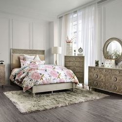 Brand New Antique White & Beige 4pc Queen Bedroom Set (Available In California & Eastern King)