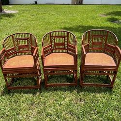 Vintage Brighton Pavilion Chinoiserie Rattan Burnt Bamboo Armchairs 