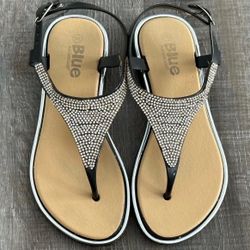 Big Girls Size 2 / 3 Black & Silver Rhinestone Strappy Sandals Shoes