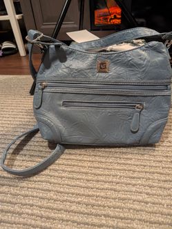 Stone Mountain Women’s Blue Solid Shoulder Bag, Zip, Outer Pockets, Silver Stone Mountain hobo handbag in a textured, washed steel blue faux leather.