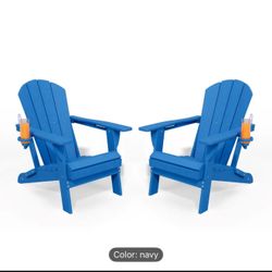 New Folding Adirondack Chair with Cup Holders Set of 2, HDPE Plastic Outdoor Chairs, Weather Resistant, Real Wood Look for Patio, Deck, Fire Pit, Back
