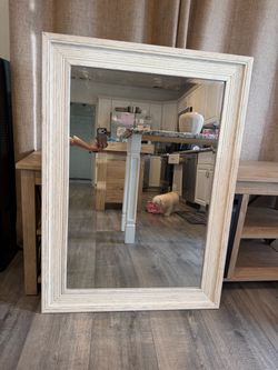 Rustic Cream / Light Wood Framed Wall Mirror - $30
