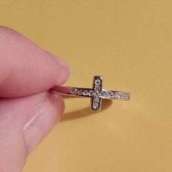 New-.925 Stamped Silver & Cubic Zirconia Cross Ring Size:7—$5