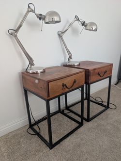 Set of 2 Industrial Wood Nightstands + 2 Chrome Desk Lamps