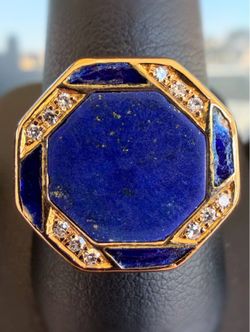 14k solid yellow gold Blue Lapis Lazuli stone 0.15CTW Natural Diamond Enameled ring sz11