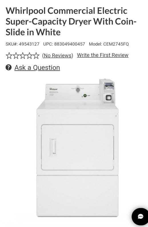 Whirlpool Super Capacity Coin Operator Dryer Gas NEW