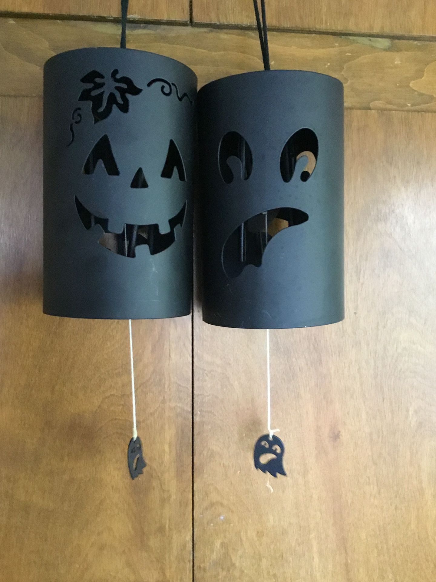2 Black Ghost and Jack O Lantern Metal Can Wind Chimes