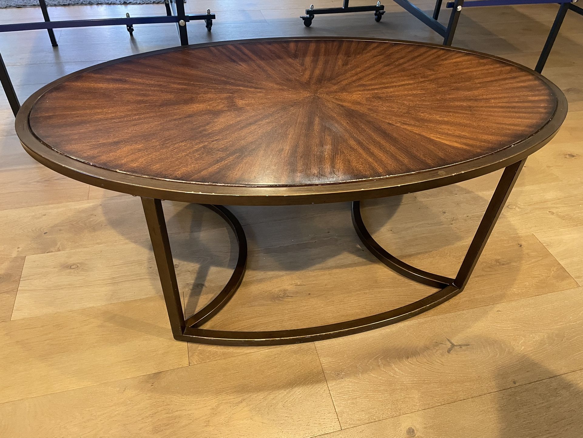 Mcm Oval Wood And Bronze Metal Coffee Table