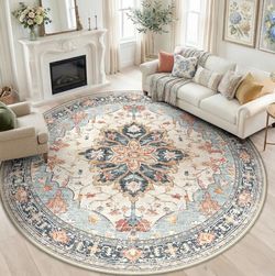 LELEANY-New 8FT Round Floral Boho Round Area Rug