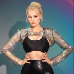 LARGE Women Rhinestone Top Black Mesh Chain Fishnet Long Sleeve Outfit - Sparkly Crystal Rave Crop Shirt