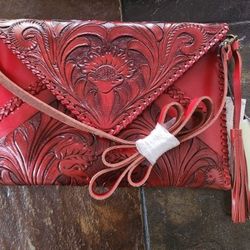 NWT Tooled Leather Crossbody Clutch