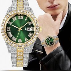 Iced Out 2 Tone Green Face Bling Date Watch. Brand New