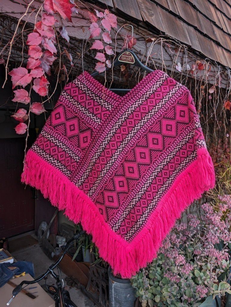 Vintage Poncho Pink Mayan Modern Hand Woven Made In Guatemala Native Fringed Mexican Blanket Unisex Coat Jacket Small / Medium