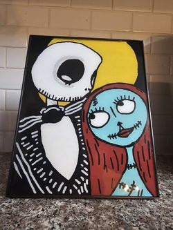 Nightmare before Christmas Jack and Sally painting.
7x9
Can hang or easle to display
Cute decor 
Hand painted 