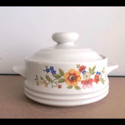 Vintage 1980 Sweet Flowers Stoneware Crock w/ Lid