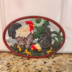 Rooster and Chicken Painted Cast Iron Trivet