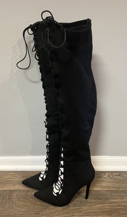 NEW Womens Black Suede Over The Knee Lace up Boots