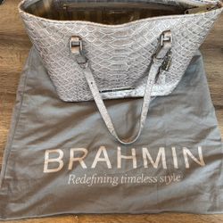 Brahmin Metallic Taupe Croc Embossed Tote With tassel Charm