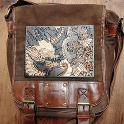 Fossil Messenger Bag With Tooled Leather Dragon And Koi Fish.