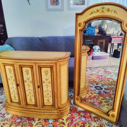 Beautiful Drexel Paint Decorated Console Cabinet With Matching Mirror with original tags Kendall